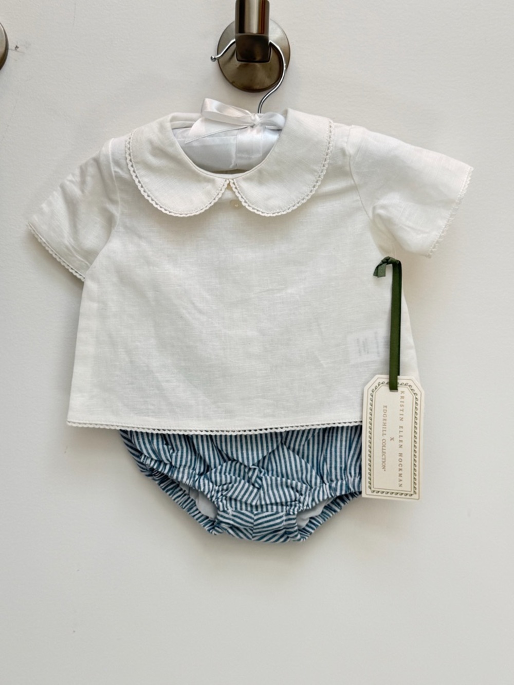 Classic White Peter Pan Collar Top with Blue Striped Bloomers